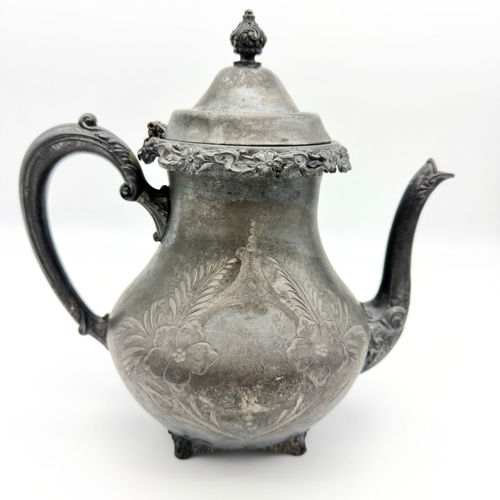 Queen City Silver Co Antique Engraved Teapot Floral Ornate Silverplate